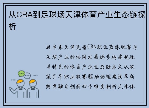 从CBA到足球场天津体育产业生态链探析