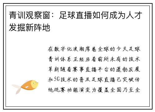 青训观察窗：足球直播如何成为人才发掘新阵地