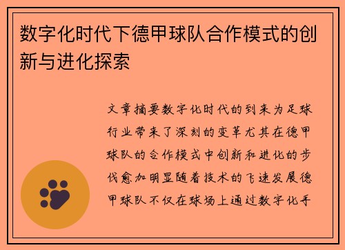 数字化时代下德甲球队合作模式的创新与进化探索