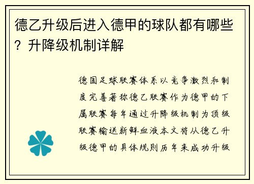德乙升级后进入德甲的球队都有哪些？升降级机制详解